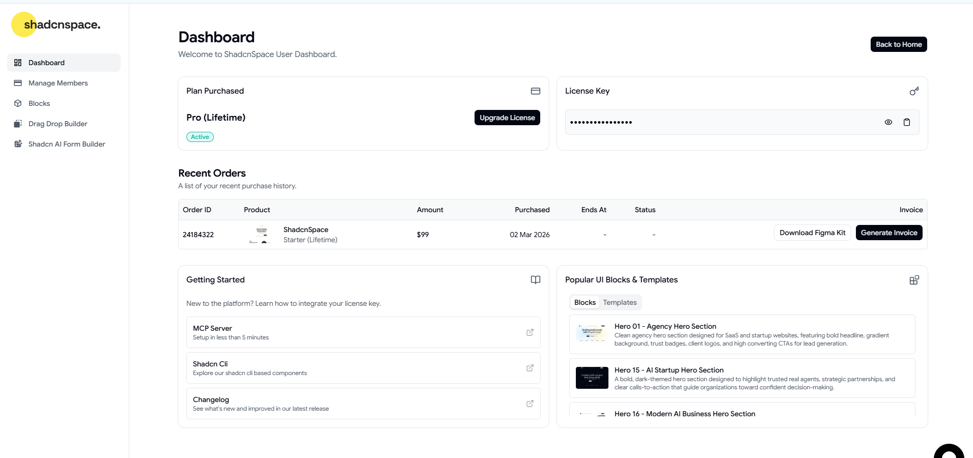 license dashboard