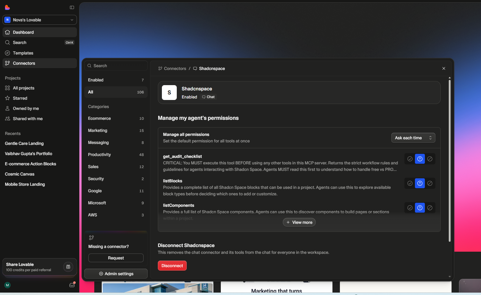 Lovable MCP Successfully Added Screenshot