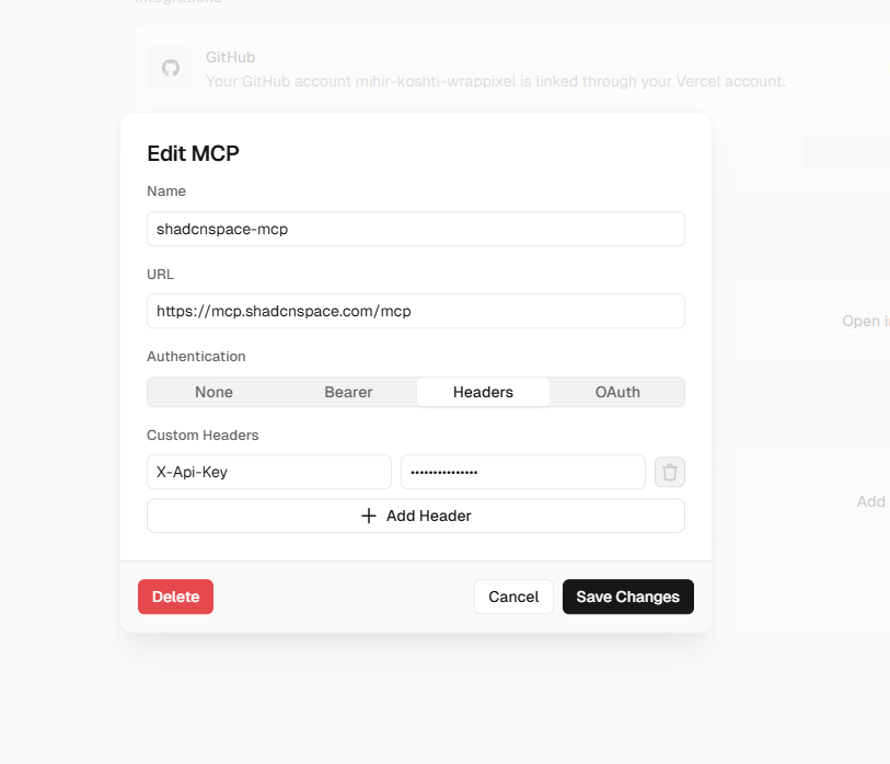 v0 MCP Setting Screenshot