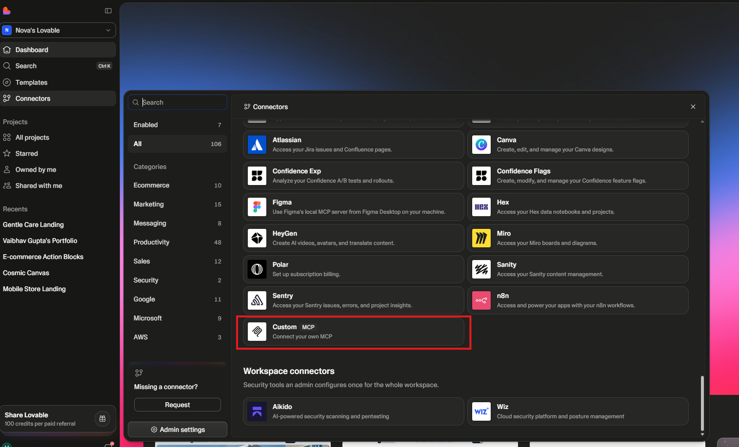 Lovable MCP Setting Screenshot