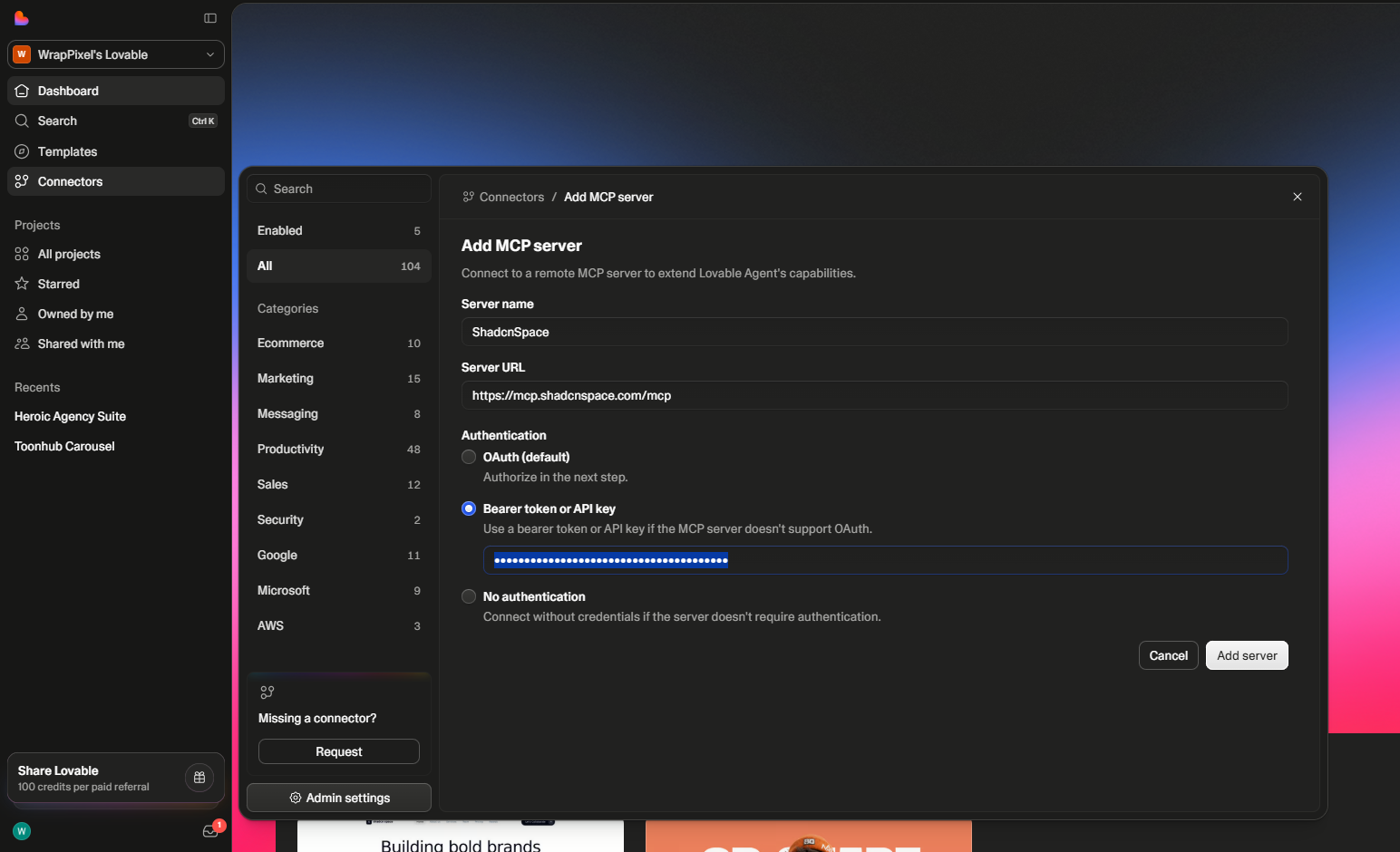 Lovable MCP Add Form Screenshot